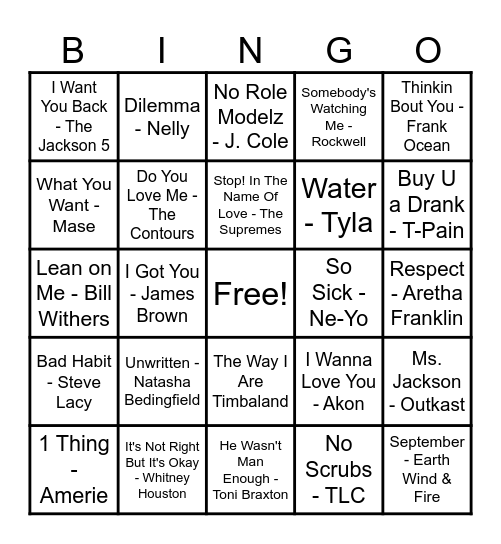 R&B Hits! Bingo Card