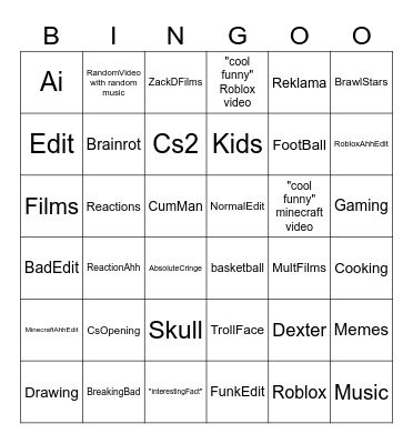 Youtube Shorts Bingo Card