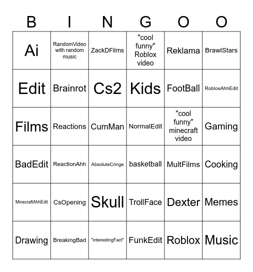Youtube Shorts Bingo Card