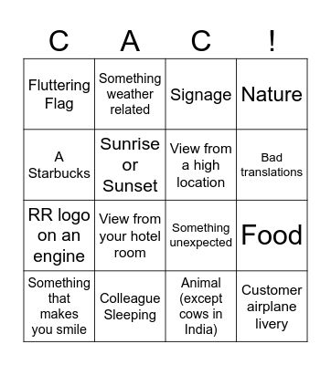 Travel Bingo! Bingo Card