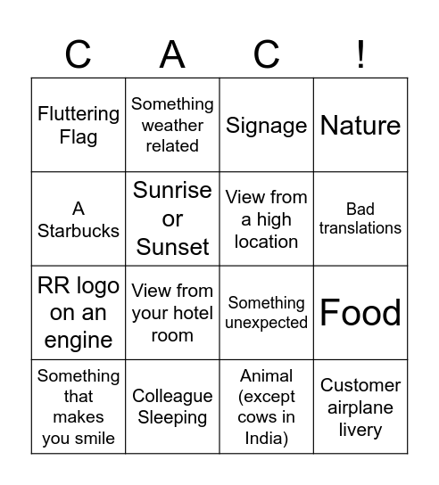 Travel Bingo! Bingo Card
