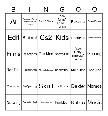 Youtube Shorts Bingo Card