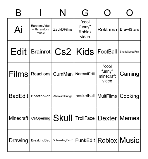 Youtube Shorts Bingo Card