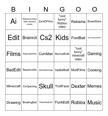 Youtube Shorts Bingo Card