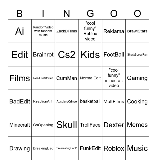 Youtube Shorts Bingo Card