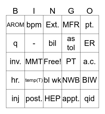 Medical Abbreviation Bingo Card