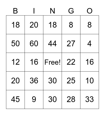 Multiplication Facts (2-5) Bingo Card