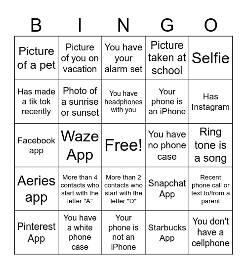What's In Your Phone? Bingo Card