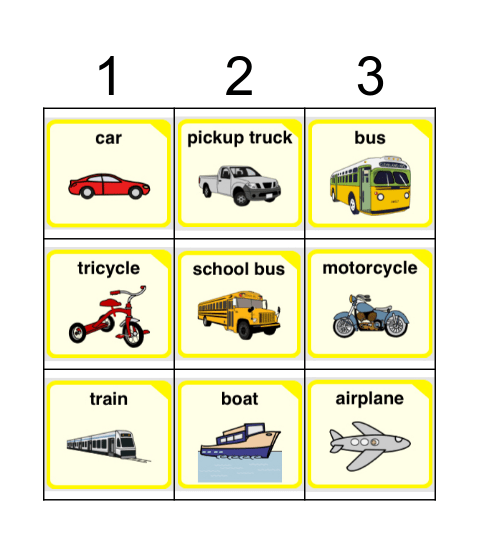 Vehicle Bingo Card