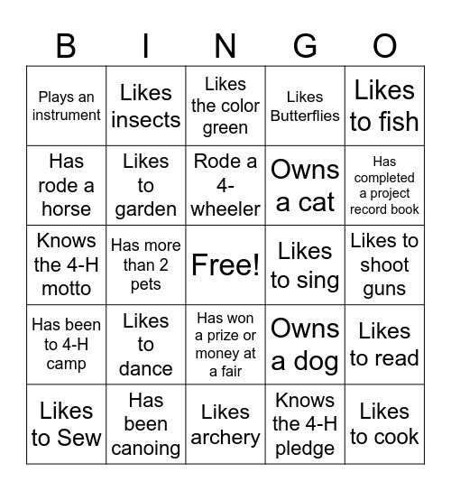 4-H Fun Bingo Card