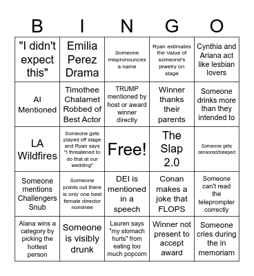 2025 Academy Awards Bingo Card