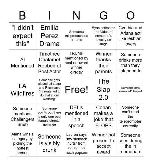 2025 Academy Awards Bingo Card