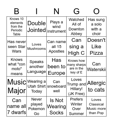 SL Institute Choir "Get to Know You Bingo" Bingo Card
