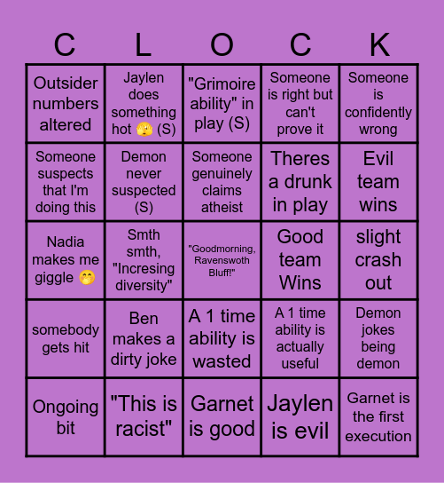Clock Tower Bingo Card