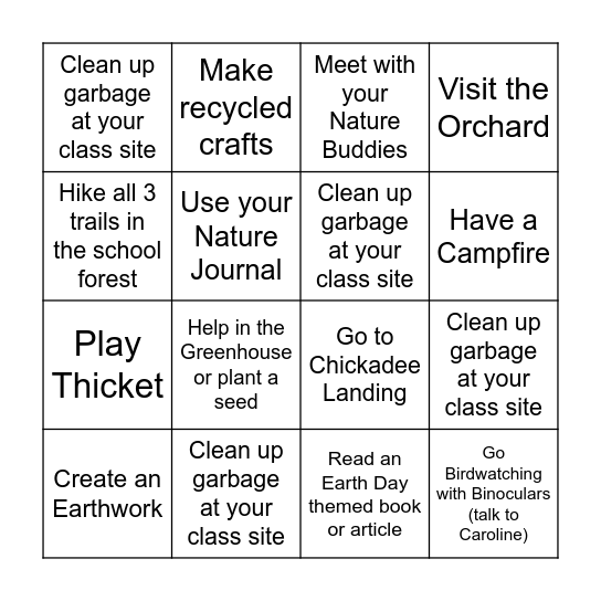 Earth Month Bingo Card