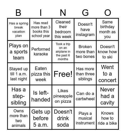 Classroom Bingo Card