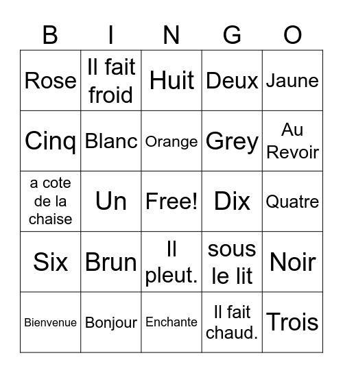 French Colors, Numbers & Greetings Bingo Card