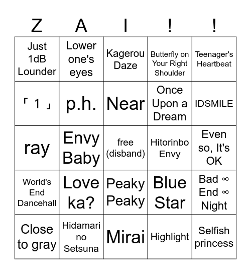 zai's relaxing tea time bingo!! Bingo Card