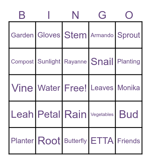 ETTA's Garden Bingo Card