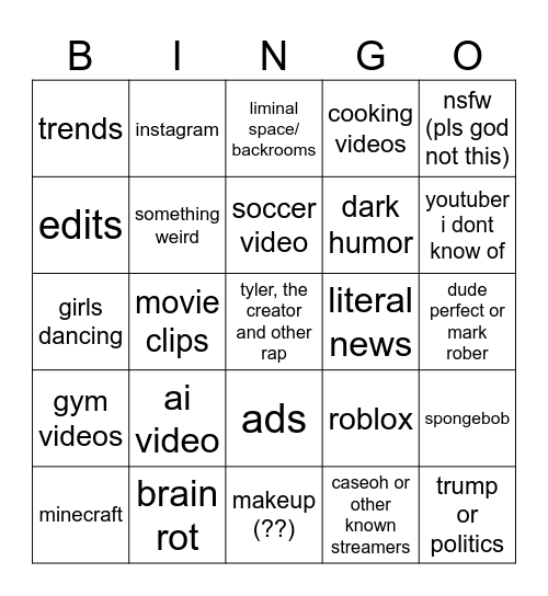 youtube shorts bingo Card