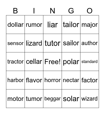 -ar and -or say /er/ Bingo Card