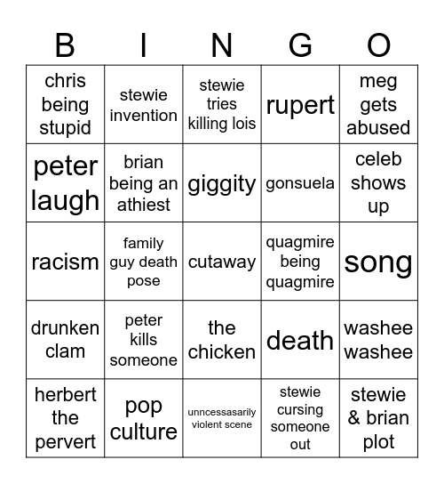 family guy bingo Card