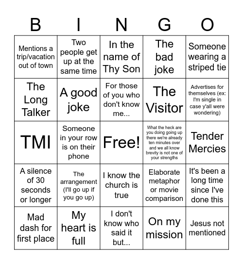 Testimony Bingo Card