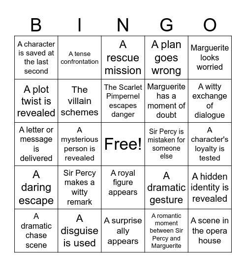 Scarlet Pimpernel Movie Bingo Card