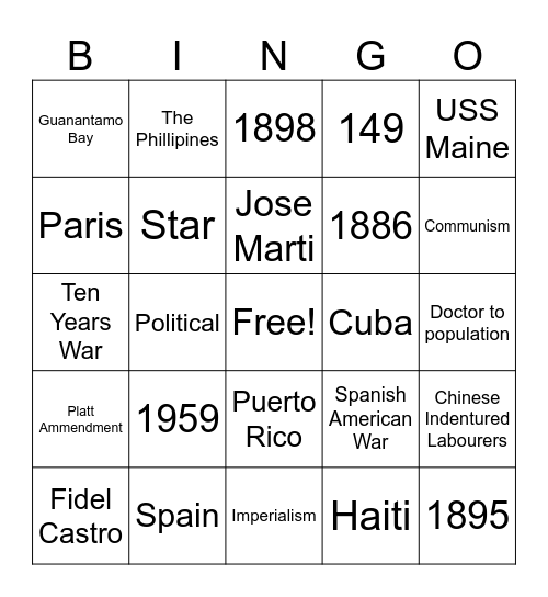 Cuban Revolution Bingo Card