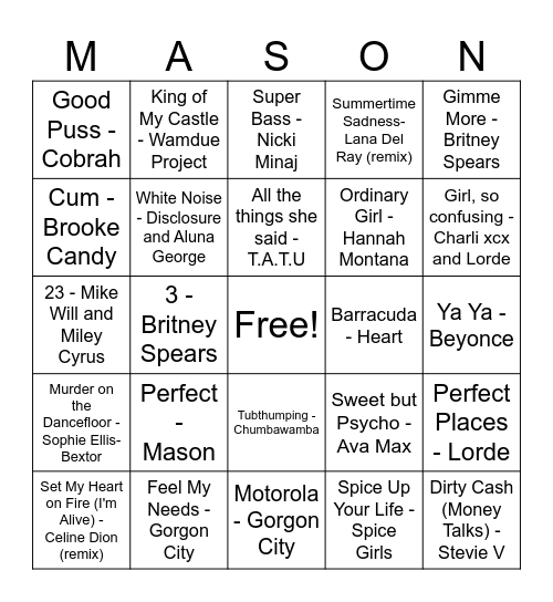 Mason Musical Bingo Card