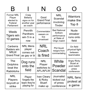 NRL Season 2025 Bingo Card