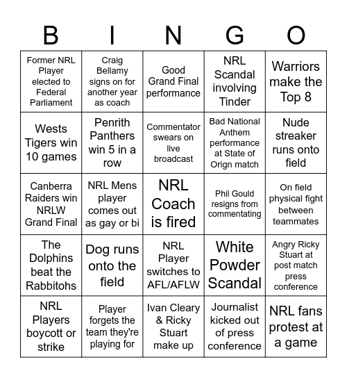 NRL Season 2025 Bingo Card