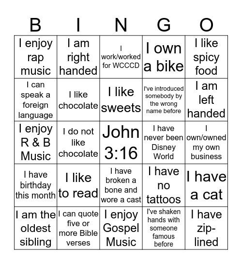 Life Experience Bingo Card