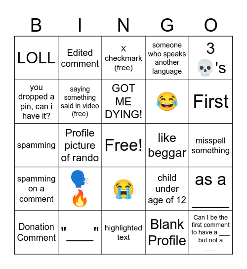 YT Shorts Brain Rot Comments Bingo Board Bingo Card