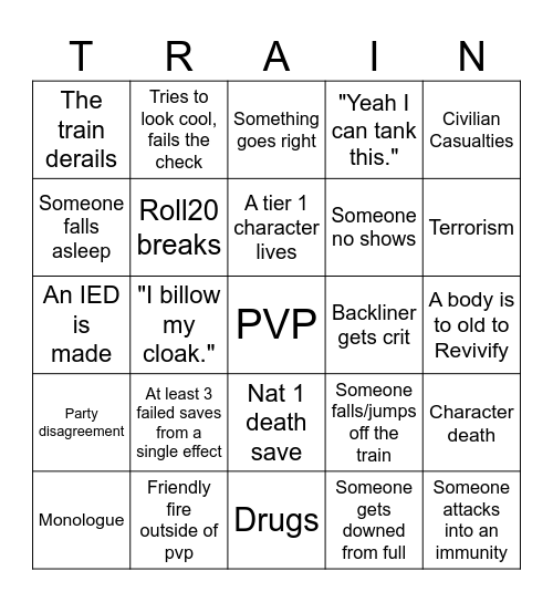 PAIN TRAIN BINGO Card