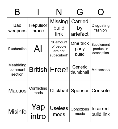 Destiny builds Bingo Card