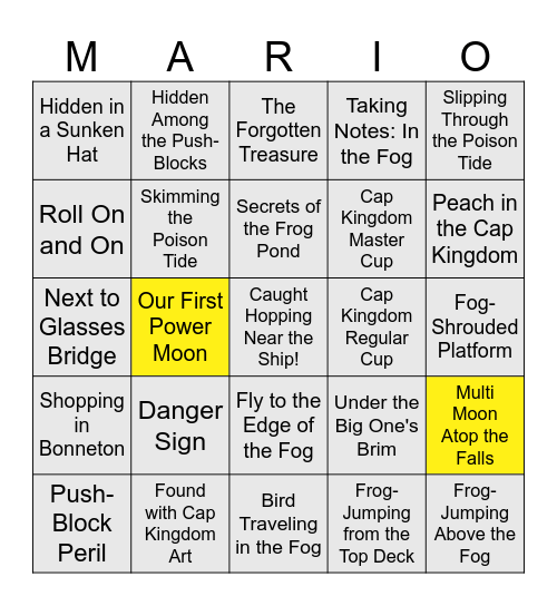 Super Mario Odyssey Power Moon Bingo Card