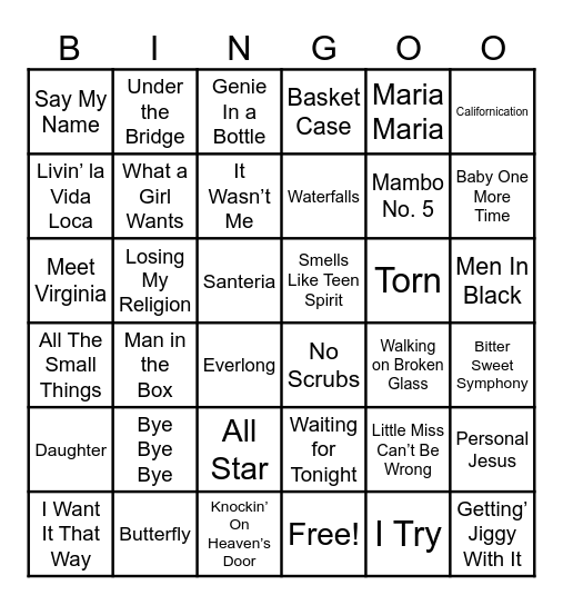 90s Jams Bingo Card