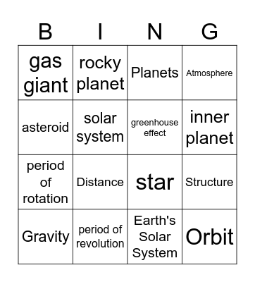 Solar System Vocabulary Bingo Card