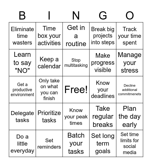 Time Management Bingo Card