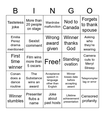 Oscars 2025 Bingo Card