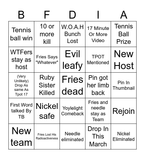 BFDIA 18 Bingo Card