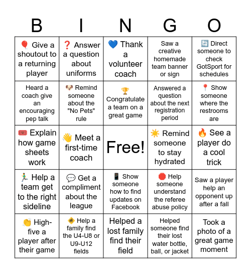 BCSA Start of Season Bingo Card