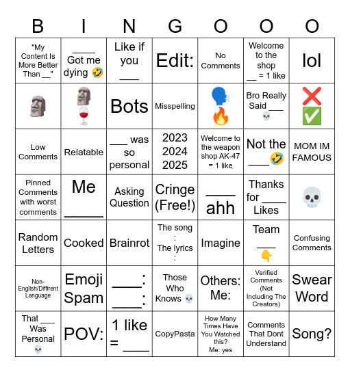 WORST YouTube Shorts Comment Section Bingo Card