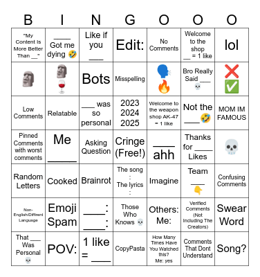 WORST YouTube Shorts Comment Section Bingo Card