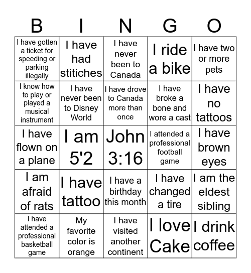 Life Experience Bingo Card