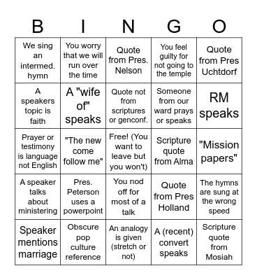 Stake Conference March 2019 Bingo Card
