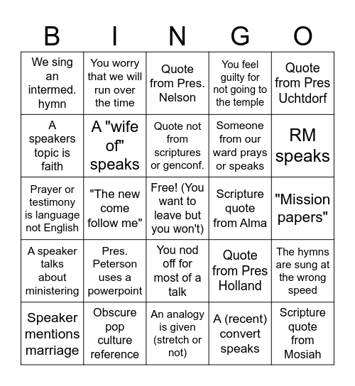 Stake Conference March 2019 Bingo Card