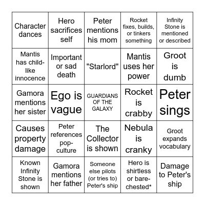 GUARDIANS OF THE GALAXY 2 Bingo Card