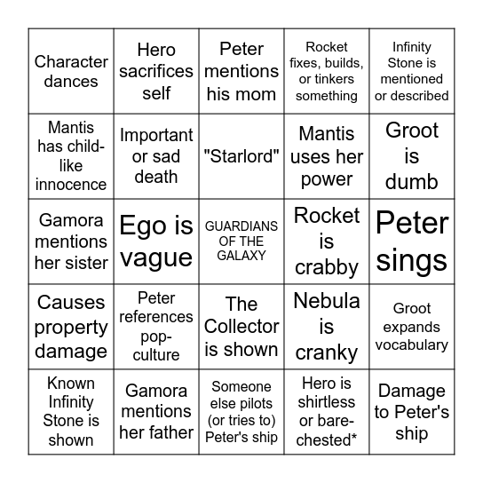 GUARDIANS OF THE GALAXY 2 Bingo Card